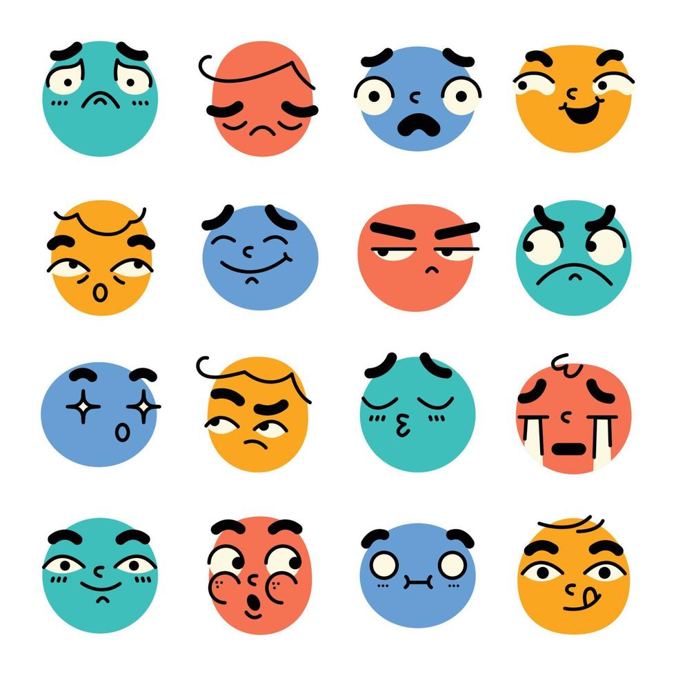 dibujos animados lindo y divertido expresiones faciales doodle dibujado a mano emoticon aislado vector ilustración