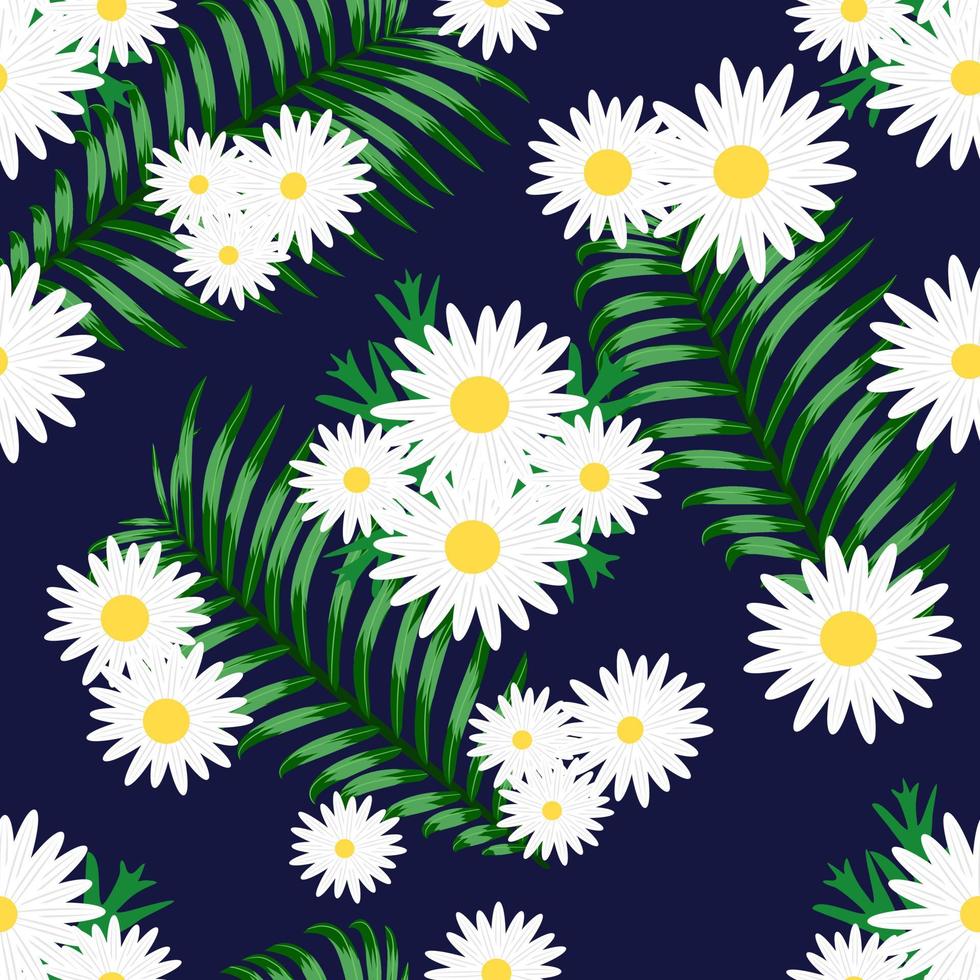daisy flower seamless pattern indigo background vector