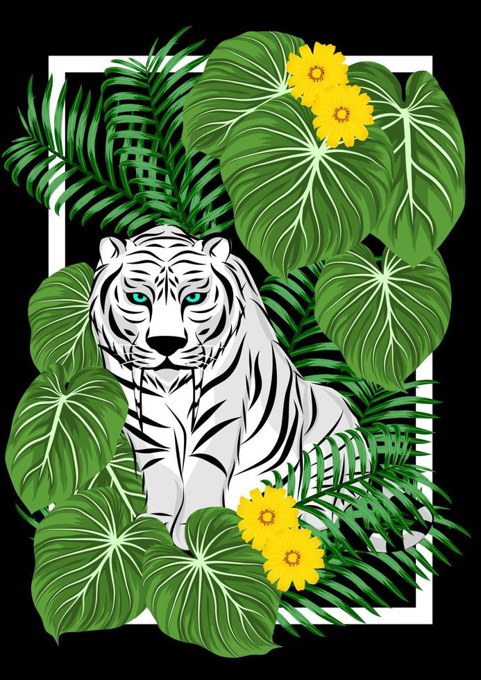 tiger in a frame with leaves vector