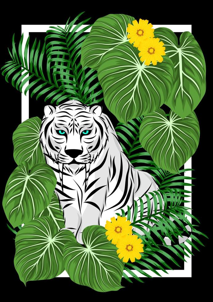 tiger in a frame with leaves vector