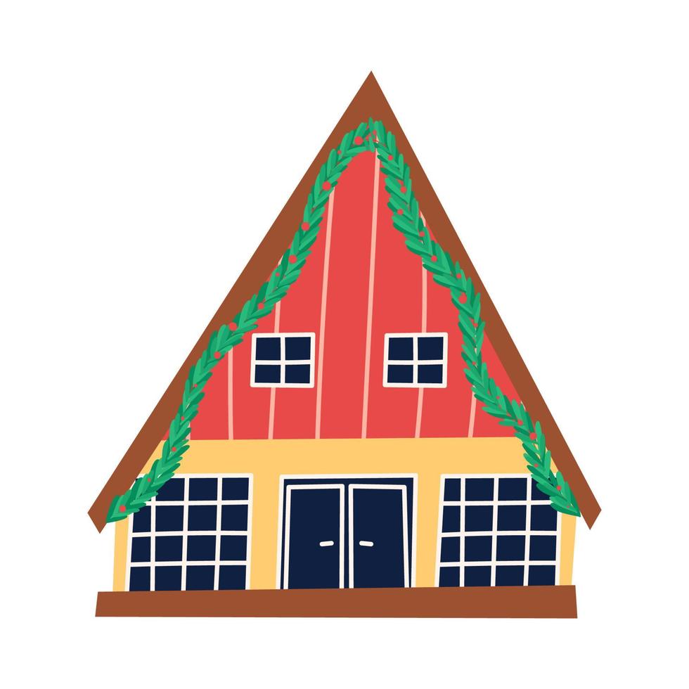 Cute house with gable roof and Christmas decoration, flat vector illustration isolated on white background. Building exterior.
