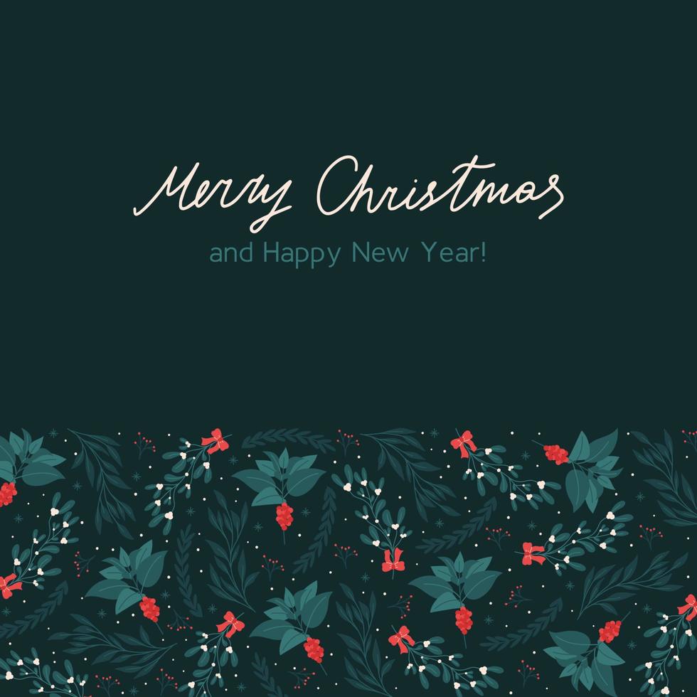 Merry Christmas and Happy New Year greeting card with beauty flowers and plants - flat vector illustration. Social media square post template.