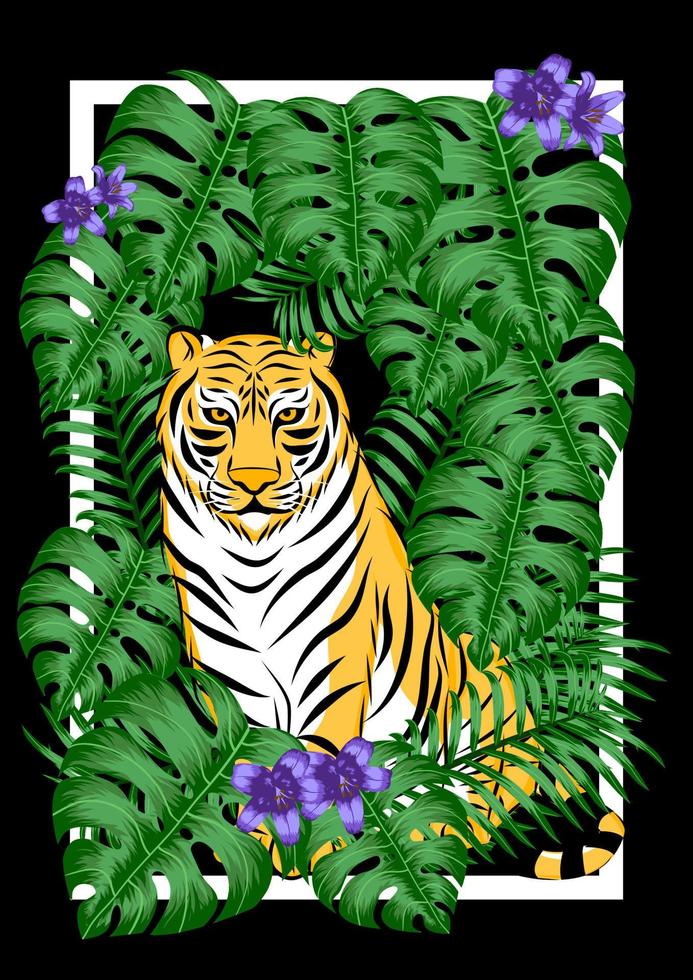 tiger in a frame with leaves vector