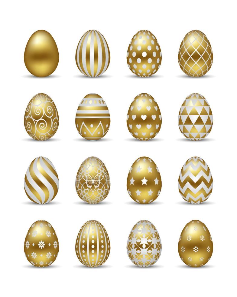set of isolated gold easter eggs with white decorations vector