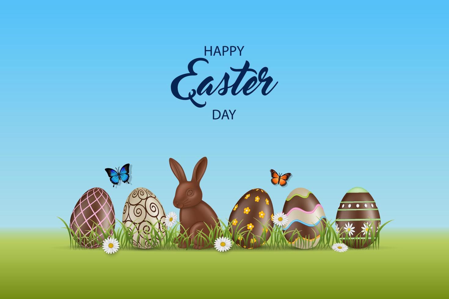 easter background with chocolate eggs and rabbit vector