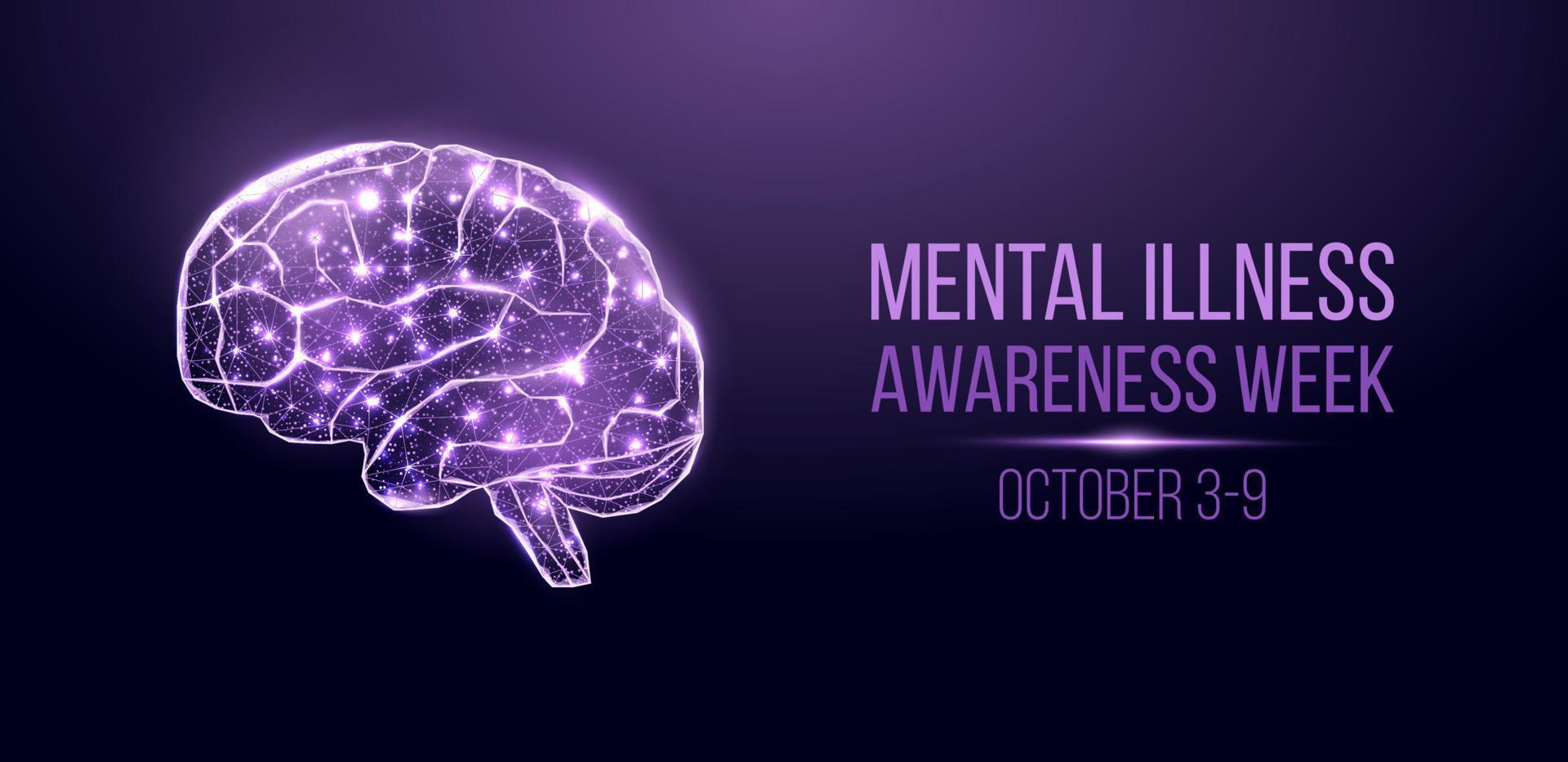 Mental illness awareness week concept. Banner with glowing low poly wireframe brain. Isolated on dark blue background. Vector illustration.