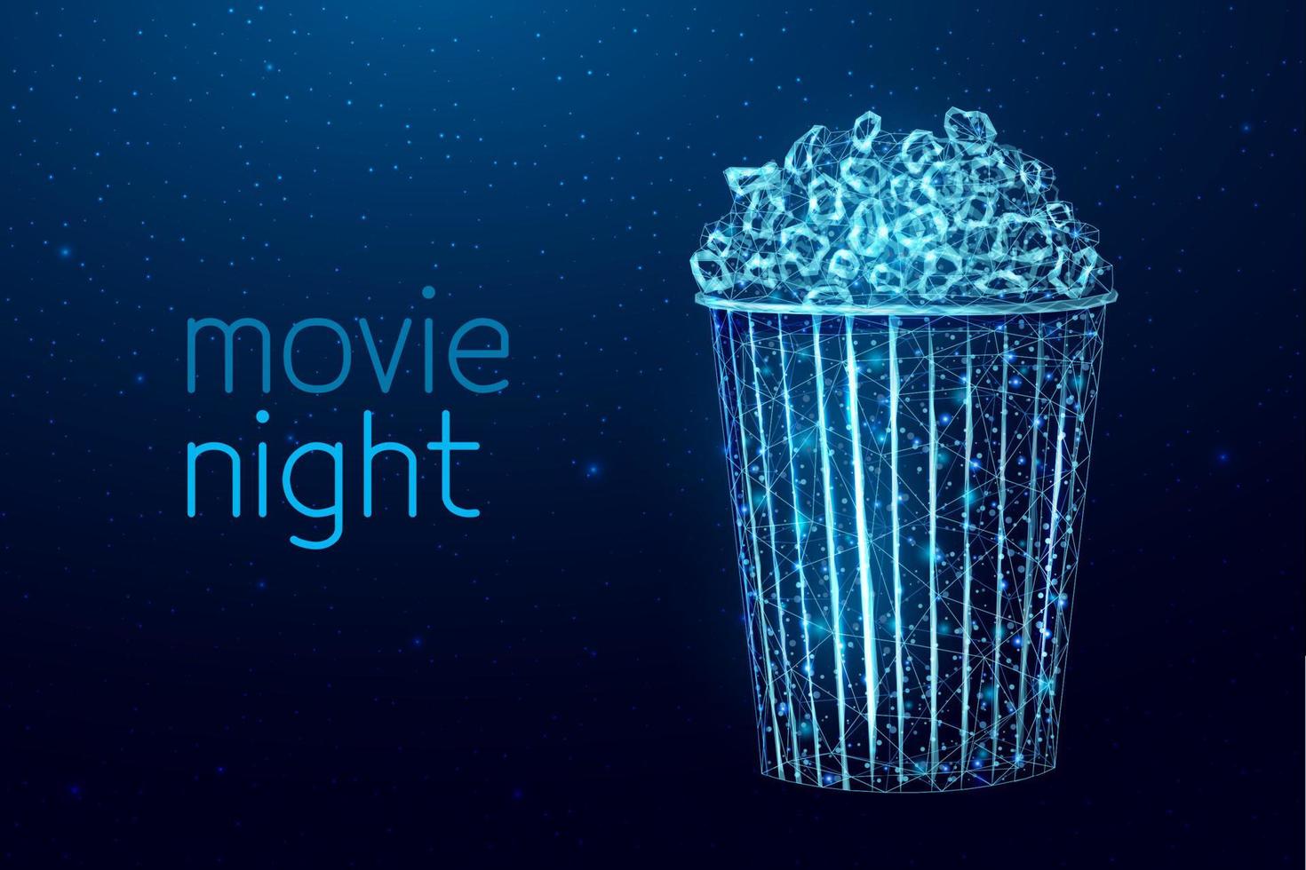 Pop corn wireframe. Movie night poster template with glowing low poly tasty snack. Vector illustration.