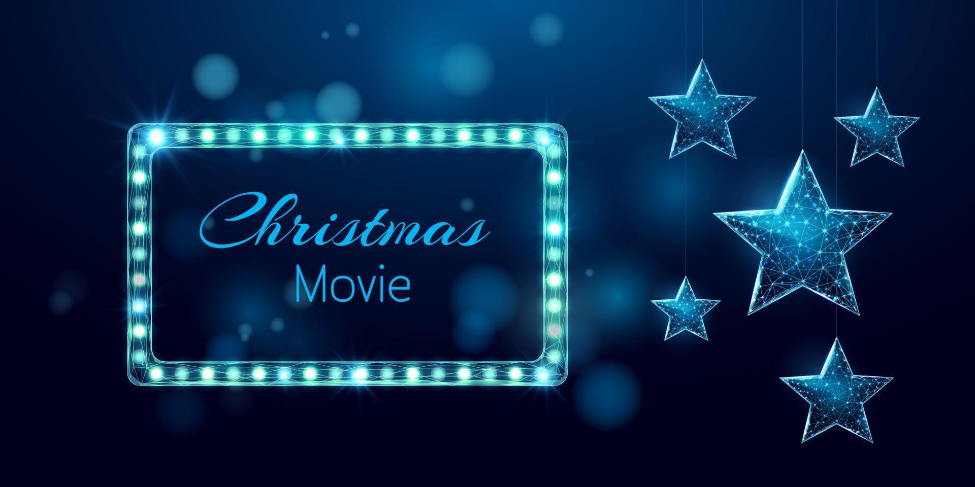 Christmas Movie night banner. Wireframe stars and light billboard, low poly style. vector