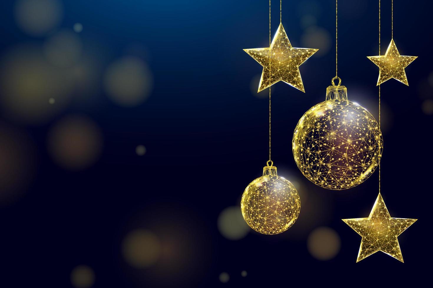 estrellas y bolas doradas de estructura alámbrica, estilo polivinílico bajo. banner para el concepto de navidad o año nuevo con un lugar para una inscripción. vector