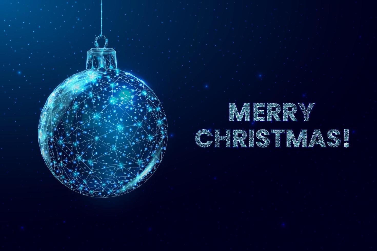 Wireframe christmas balls and star, low poly style. Merry Christmas and New Year banner. Abstract modern 3d vector illustration on blue background.