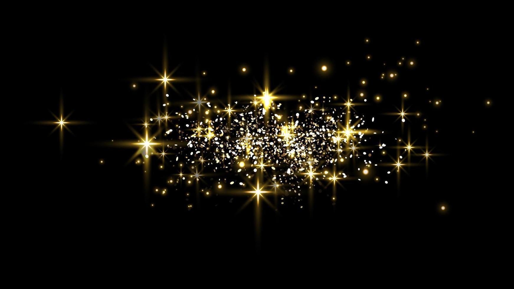 puntos dorados brillantes, destellos, partículas y estrellas sobre un fondo negro. vector