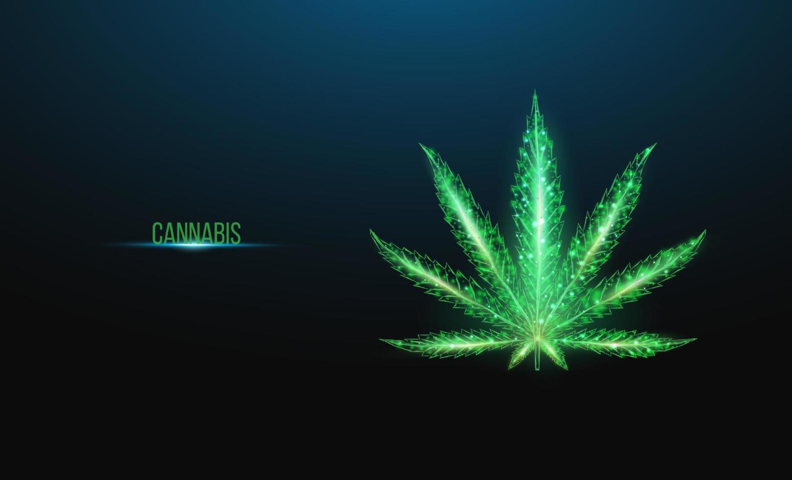 Cannabis leaf. Low poly wireframe style. The concept of medical use of marijuana, alternative treatment. Abstract modern 3d vector illustration on dark blue background.