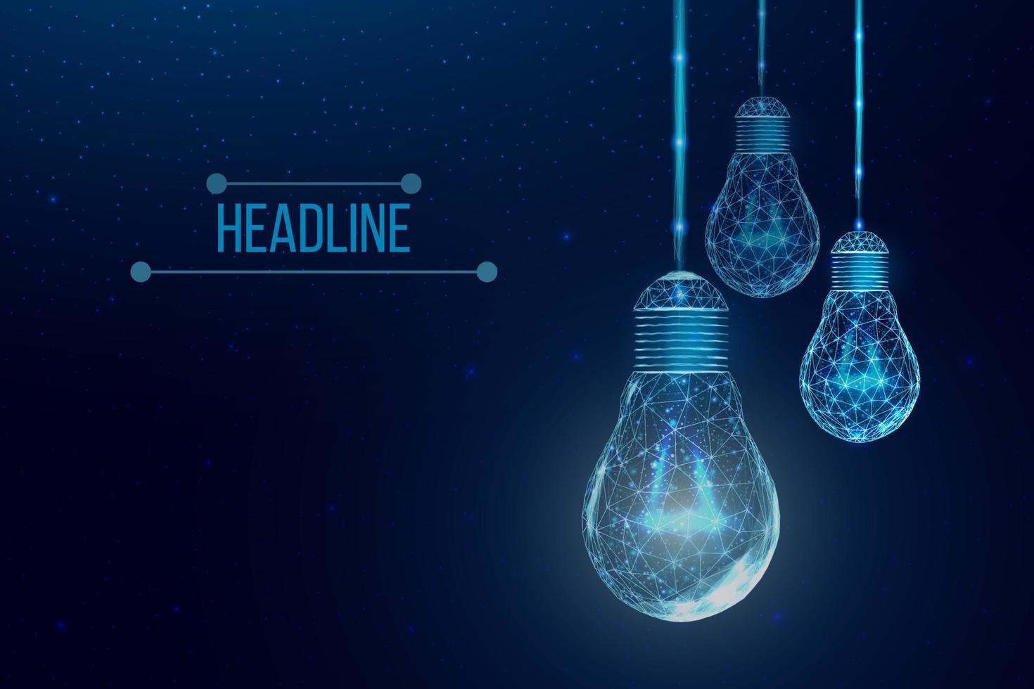 Wireframe polygonal lightbulbs. Internet technology network, business idea concept with glowing low poly bulb. Futuristic modern abstract. Isolated on dark blue background. Vector illustration.