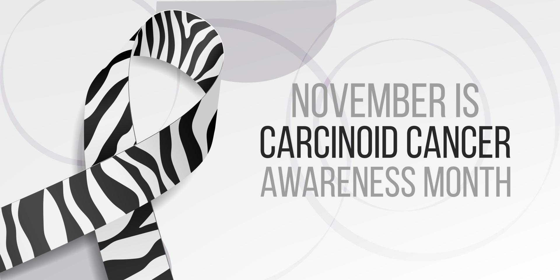 Carcinoid cancer awareness month concept. Banner template with zebra ribbon awareness and text. Vector illustration.