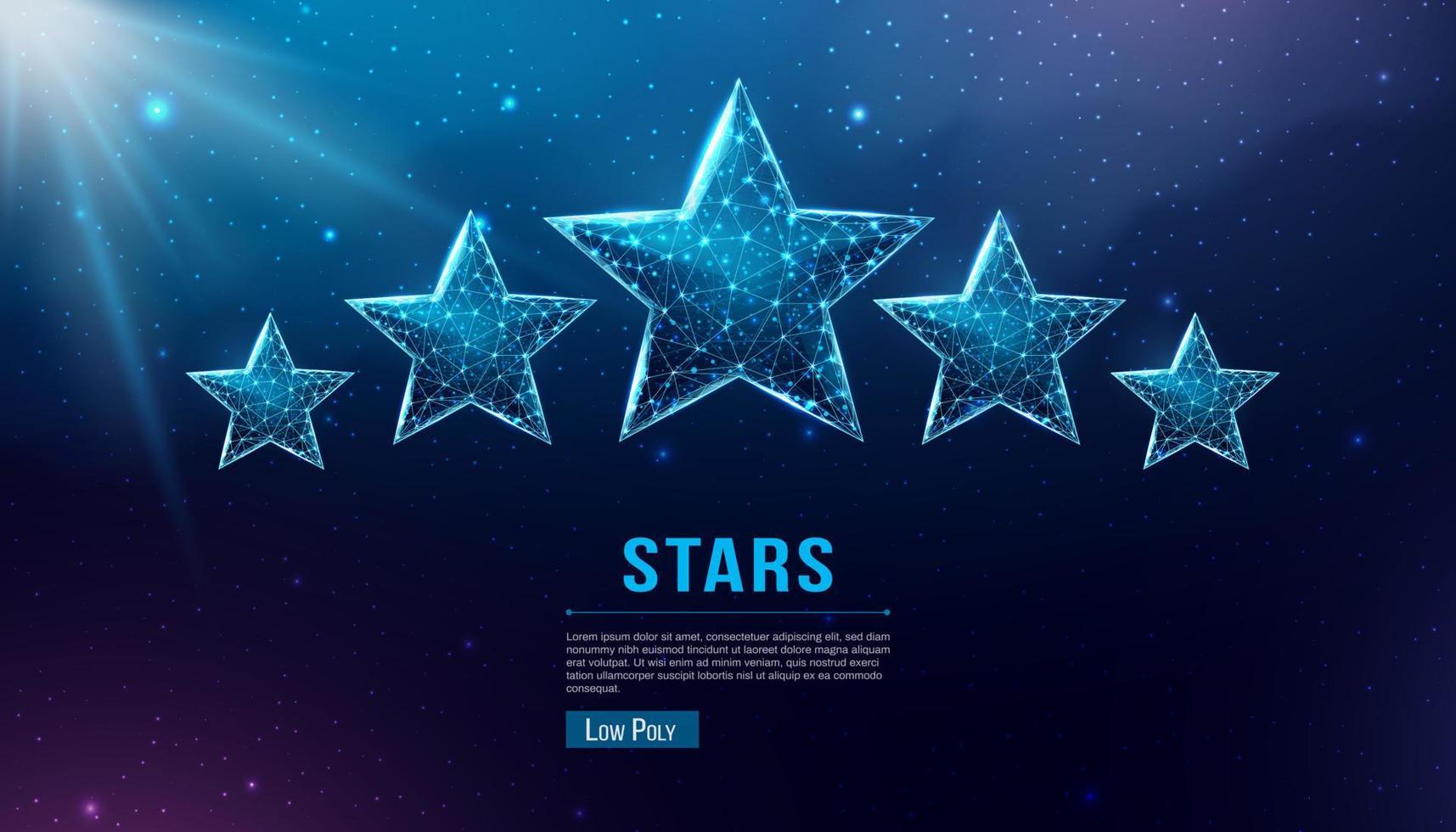 Wireframe five stars, low poly style. Success, winner, rating concept. Abstract modern 3d vector illustration on dark blue background.