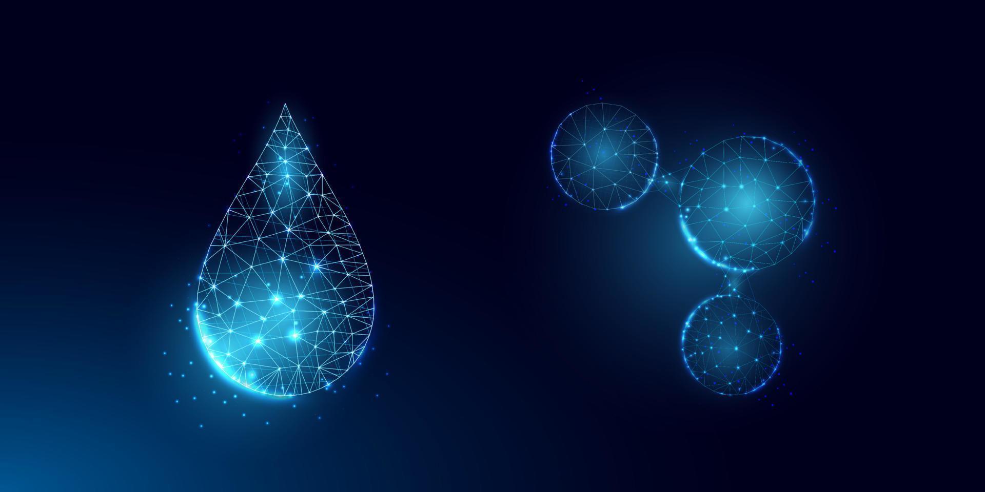 conjunto de gota de agua y molécula de agua. estructura de conexión de luz de estructura alámbrica, concepto gráfico 3d. vector