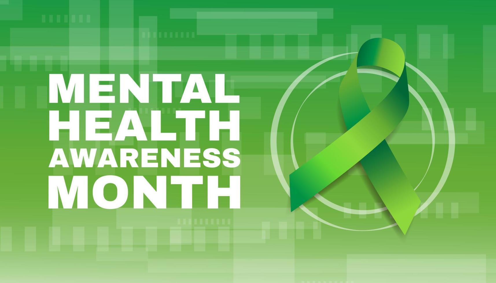Mental health awareness month concept. Banner template with green ribbon and text.  Vector illustration.