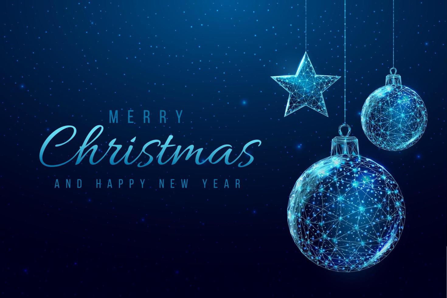 Wireframe christmas balls and star, low poly style. Merry Christmas and New Year banner. Abstract modern 3d vector illustration on blue background.