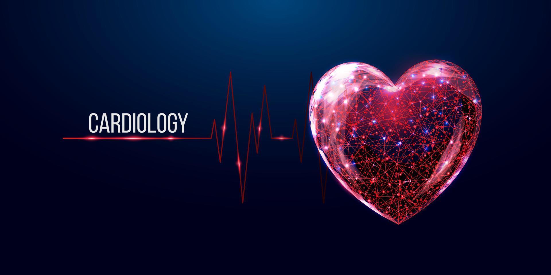 Cardiology concept banner. Wireframe low poly style red heart. vector