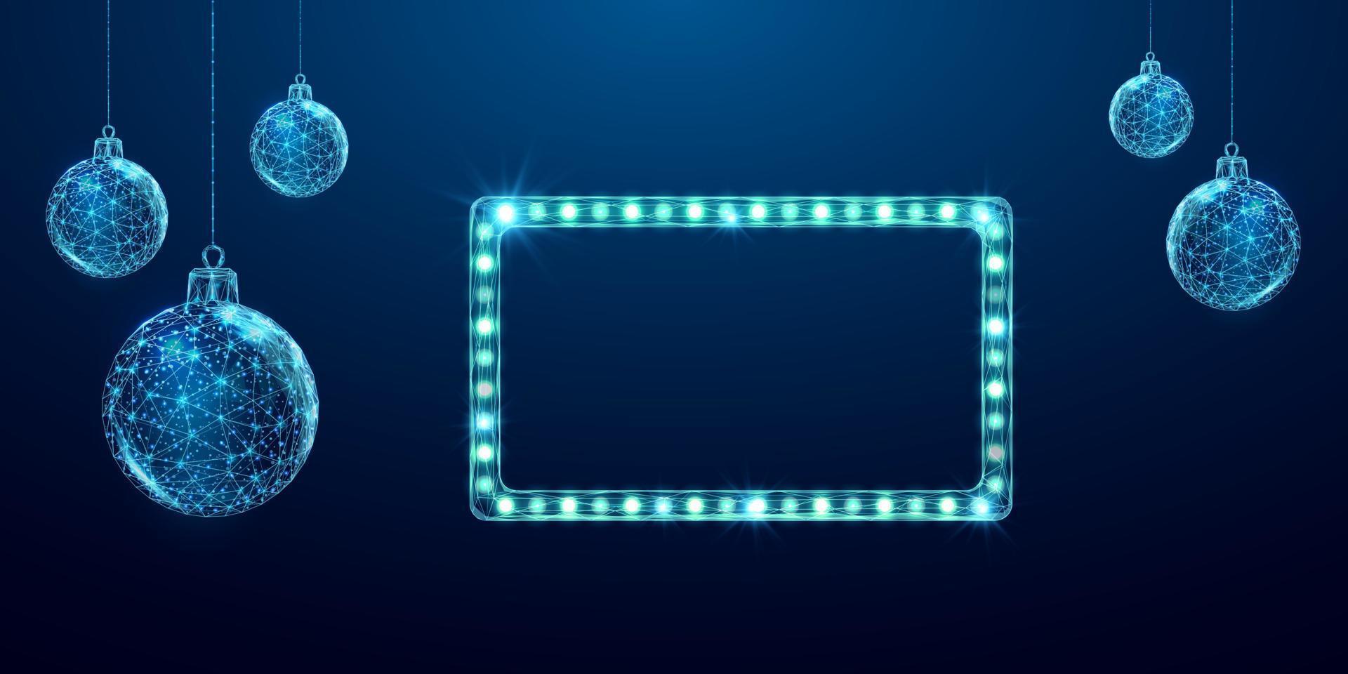 Christmas Movie night banner. Wireframe balls and light billboard, low poly style. vector