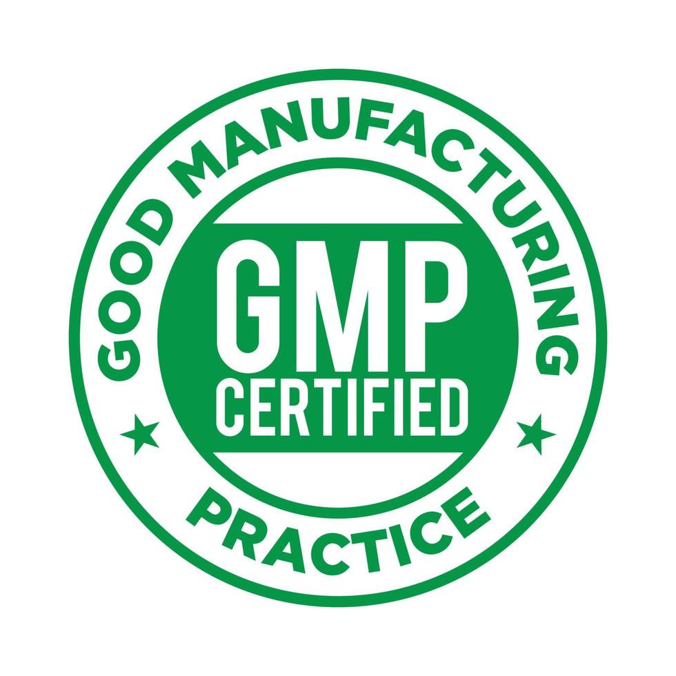 Sello redondo certificado de buenas prácticas de fabricación gmp sobre fondo blanco - vector