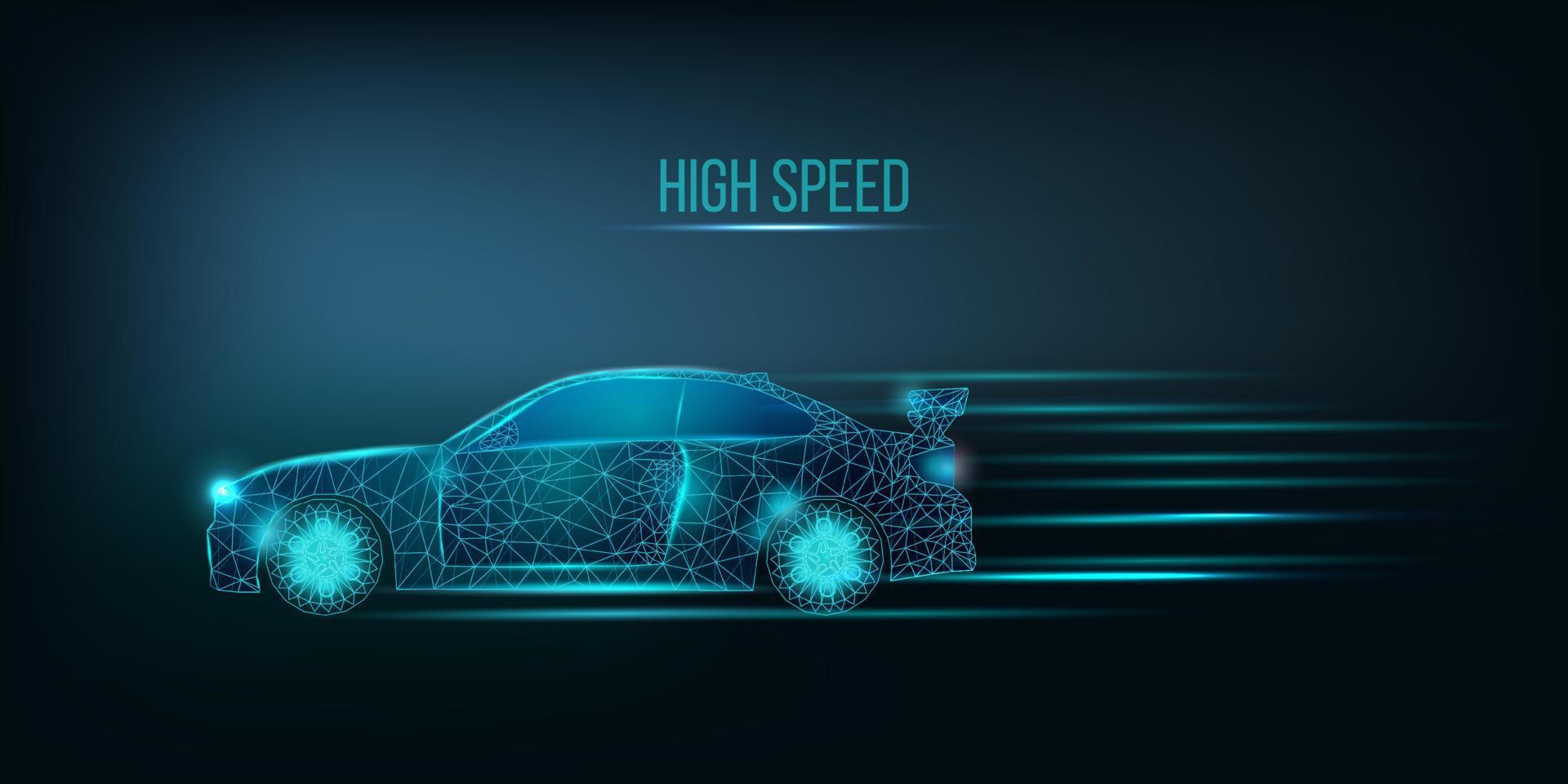 High speed car.  Banner template with glowing low poly graphic car. vector