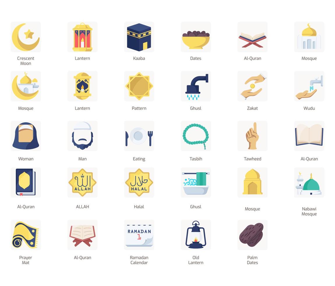 Islamic Flat Icon set, Islamic holiday symbols collection, vector illustrations
