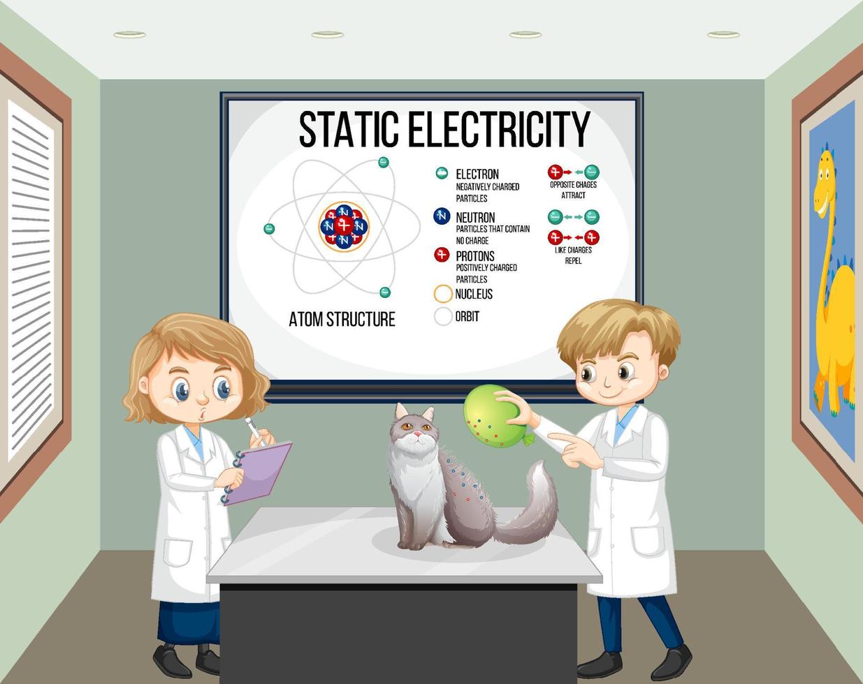 niños científicos haciendo experimentos de ciencia de electricidad estática vector