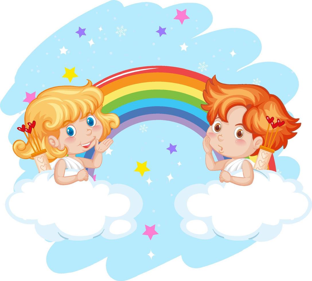 ángel niño y niña con arco iris en estilo de dibujos animados vector