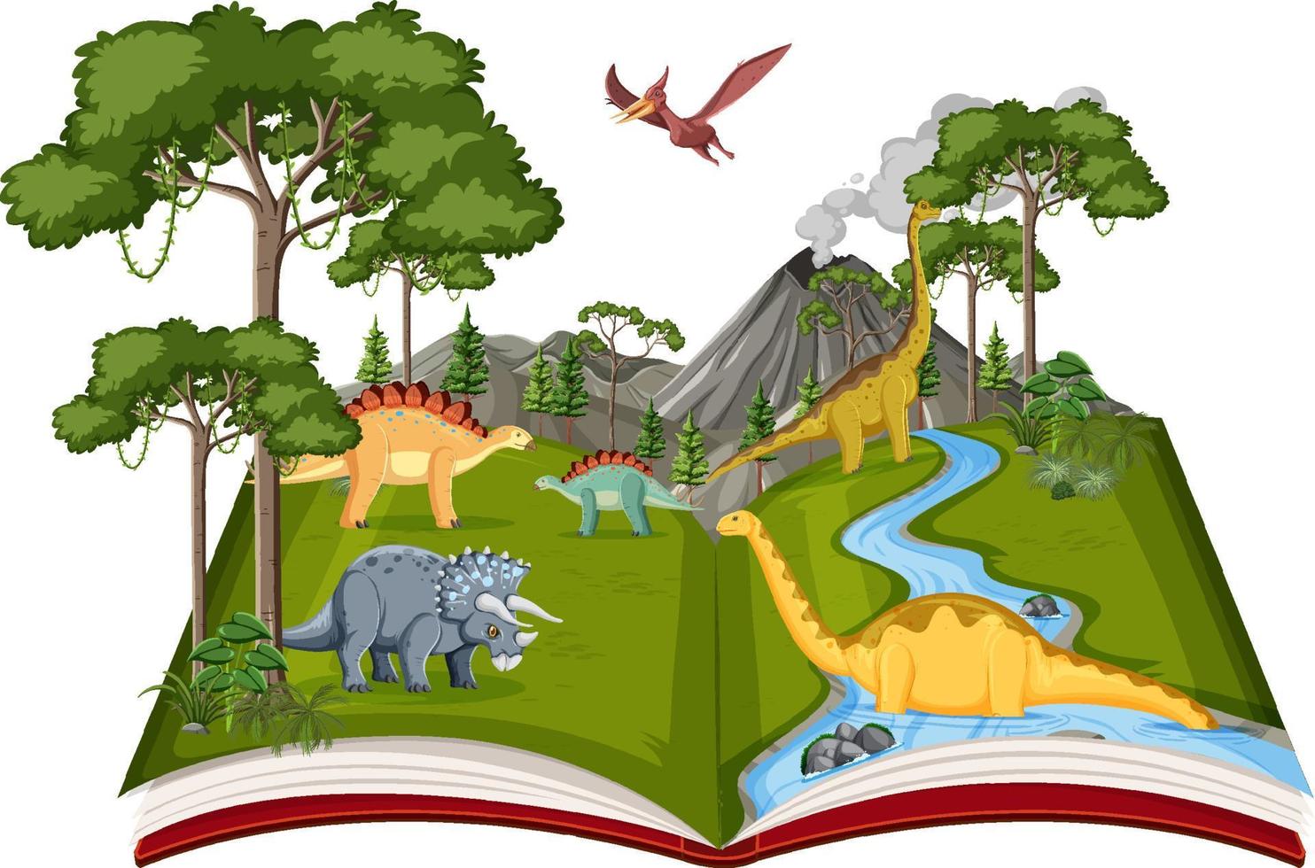 libro con escena de dinosaurios en el bosque vector