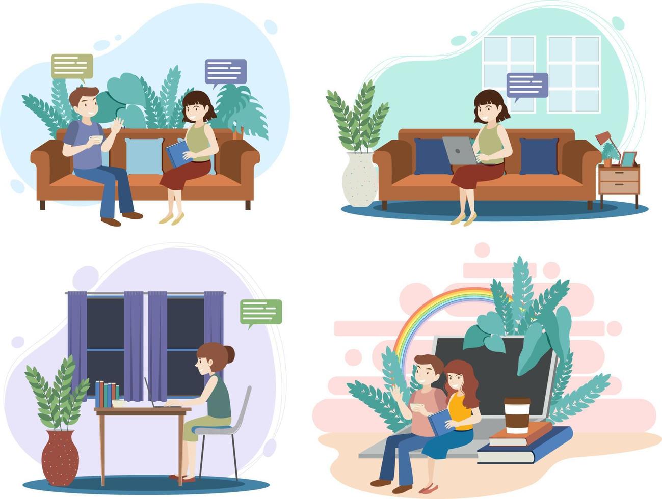 Four scene with people talking and reading vector