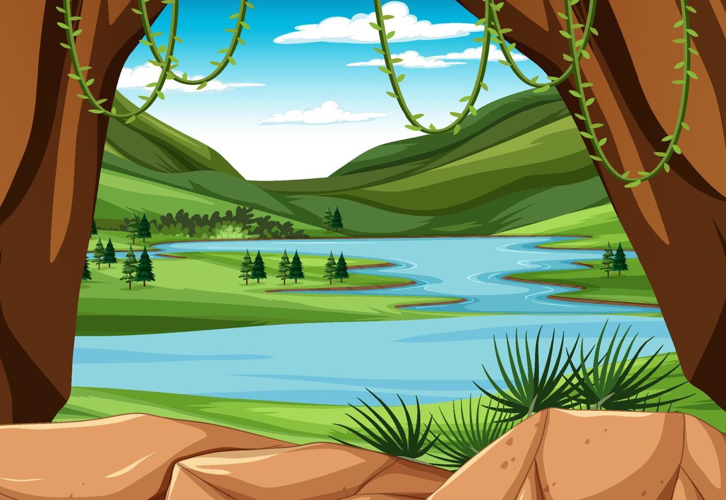 escena con río y colinas verdes vector