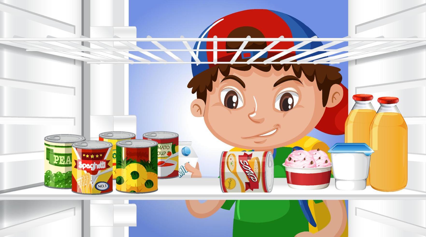 Boy looking at food in fridge vector