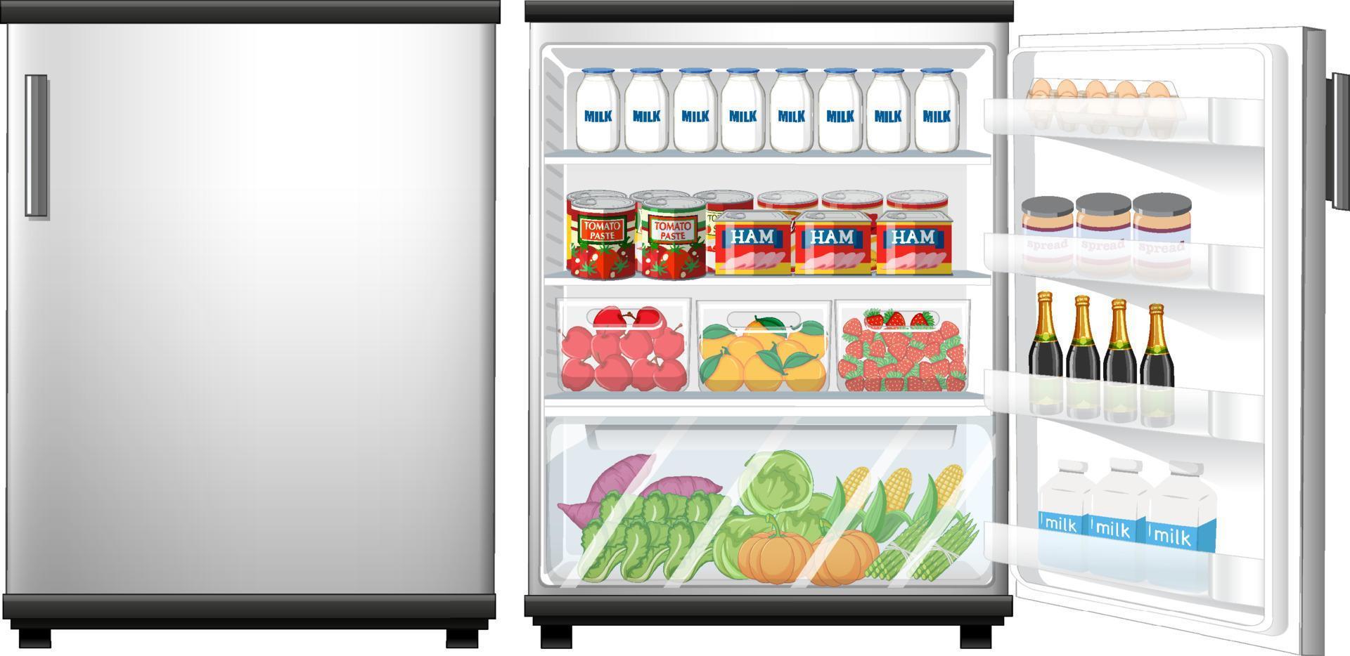 Refrigerator closed and opened door with lots of food vector