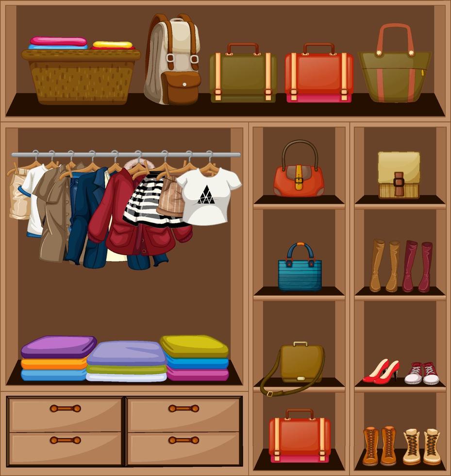 Many clothes and bags in the closet vector