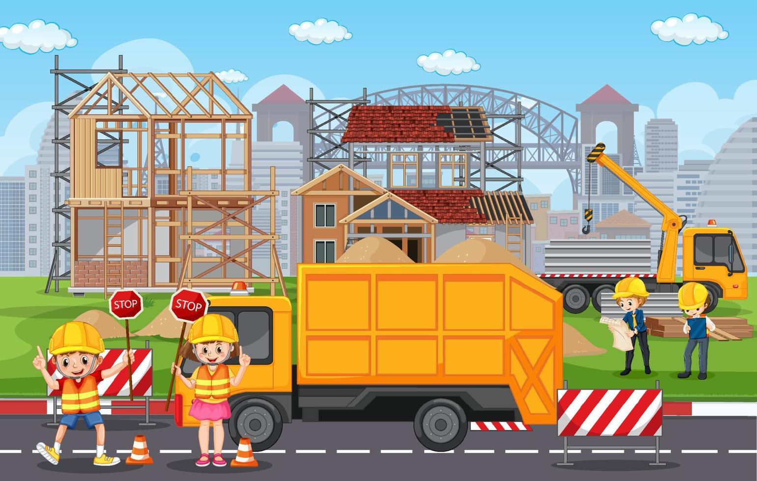 Building construction site and workers vector