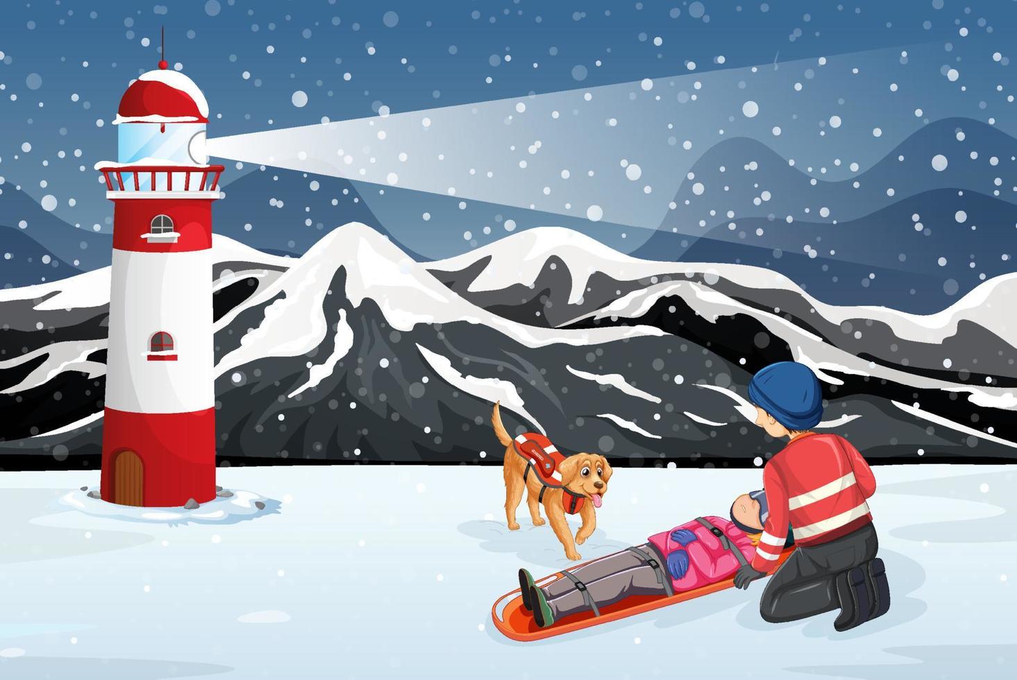 Snow scene with firerman rescue in cartoon style vector