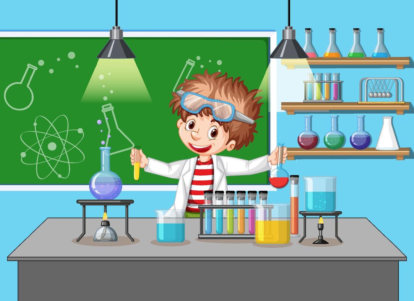 Scientist boy in laboratory room background vector