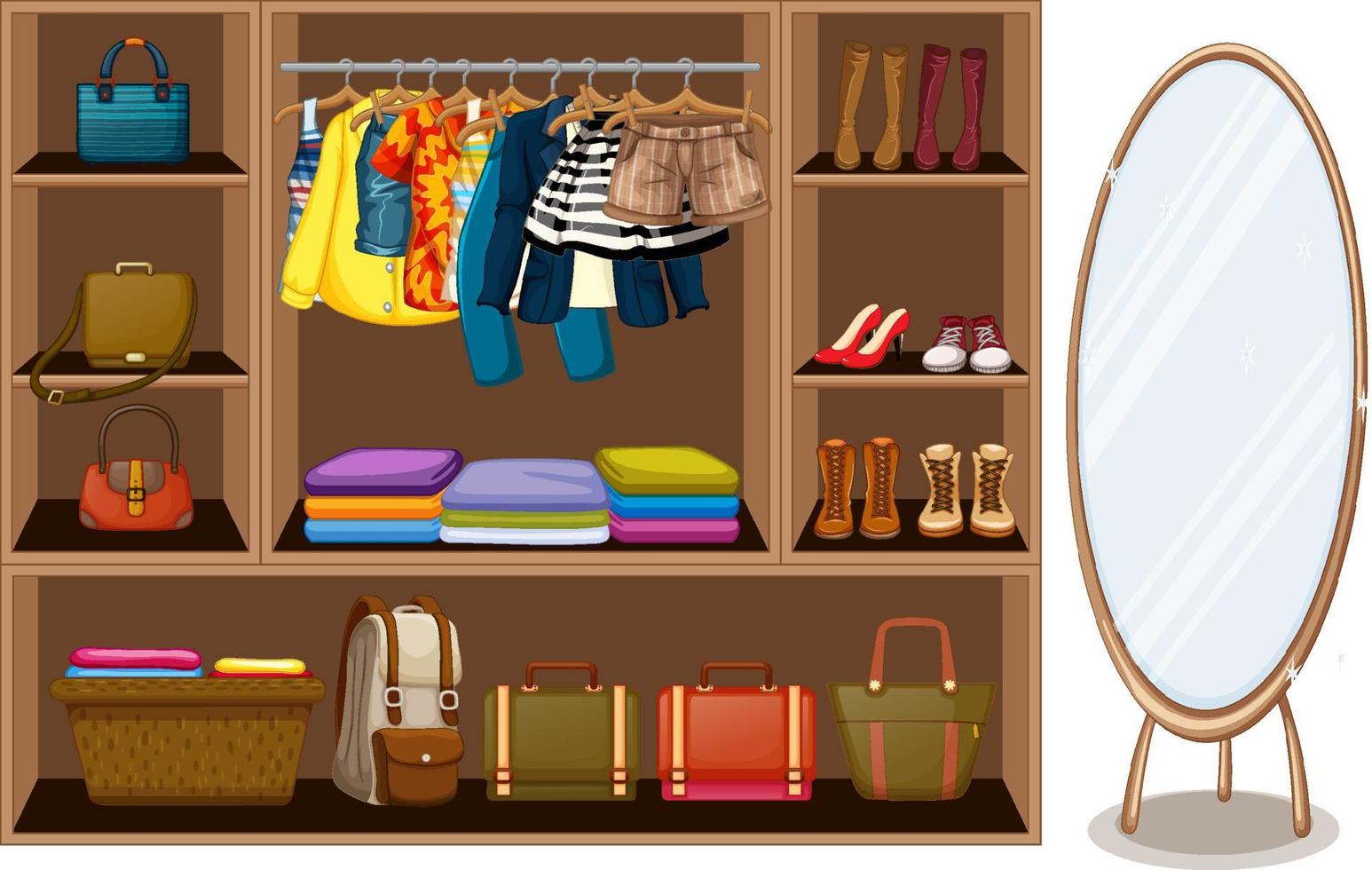 Many clothes and bags in the wardrobe vector