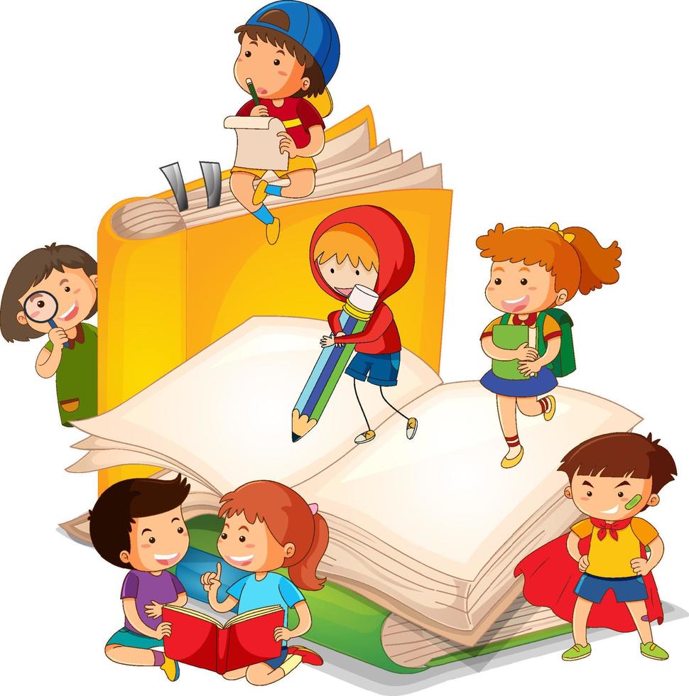 A children are reading books on a stack of books vector