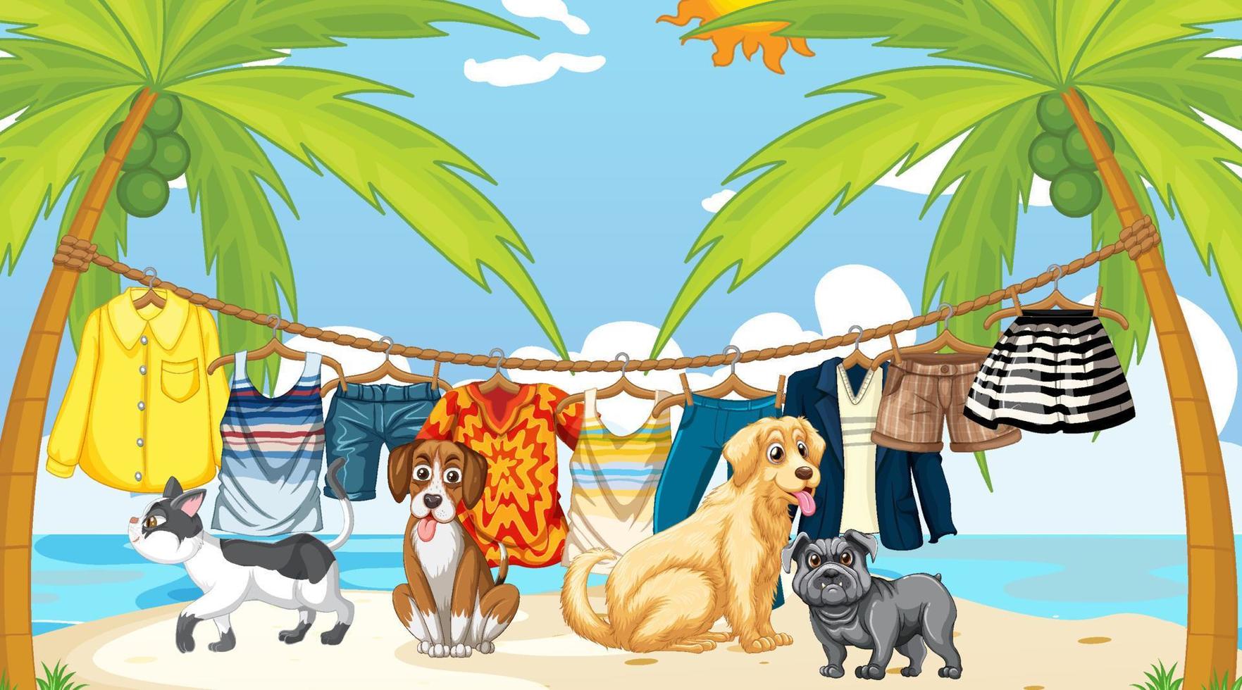 Set of different domestic animals on the beach scene vector