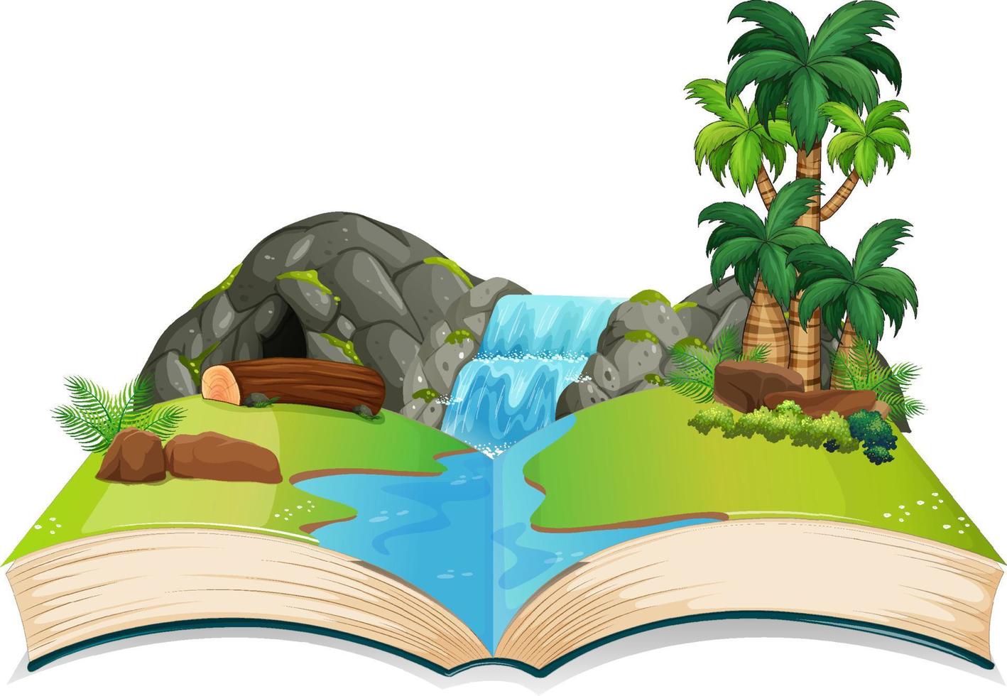 Book with waterfall and trees in the scene vector