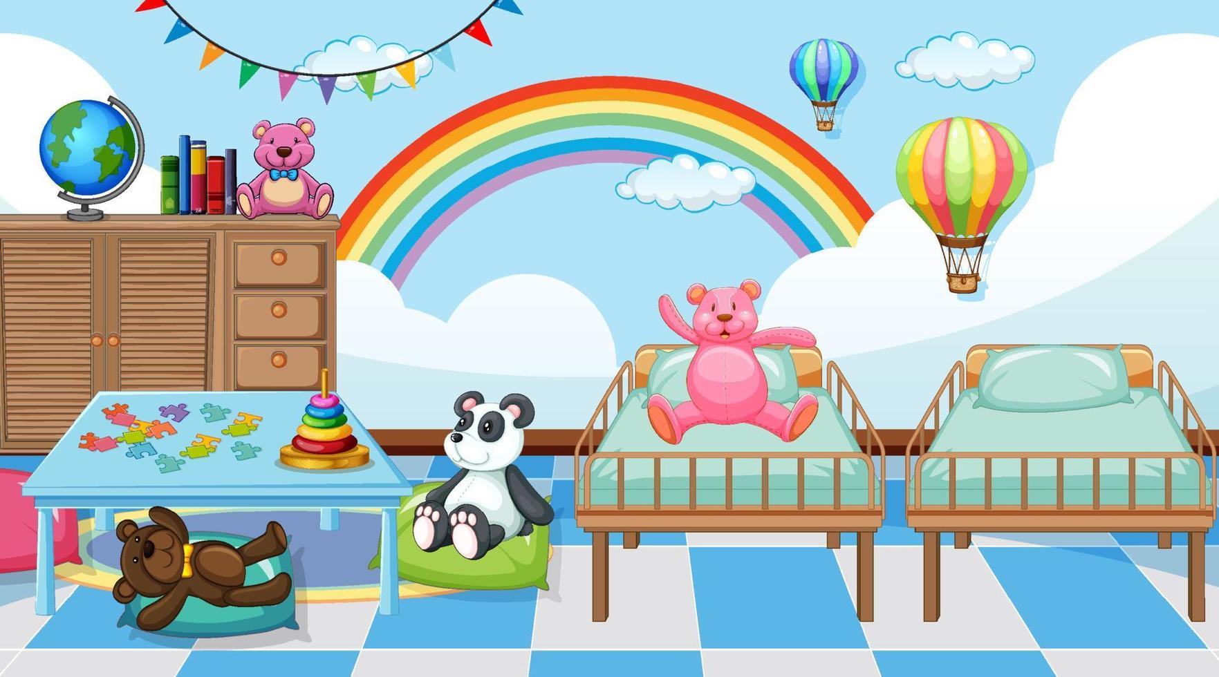 Empty kindergarten classroom interior with many kid toys vector