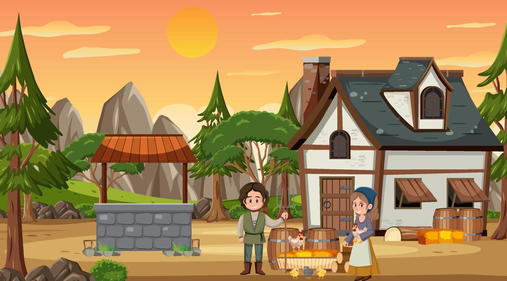 Medieval town scene with villagers vector
