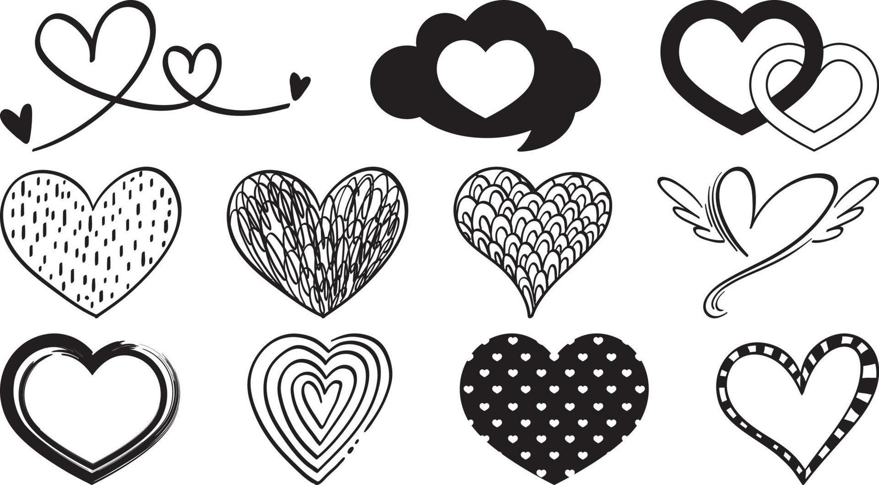 Black hand drawn hearts set vector