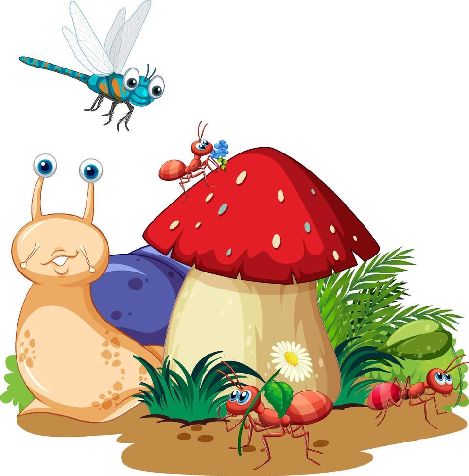 lindo caracol e insectos en estilo de dibujos animados vector