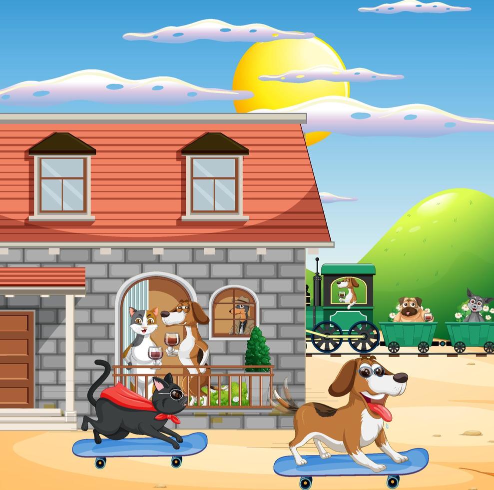 Outdoor scene with domestic animals cartoon character vector