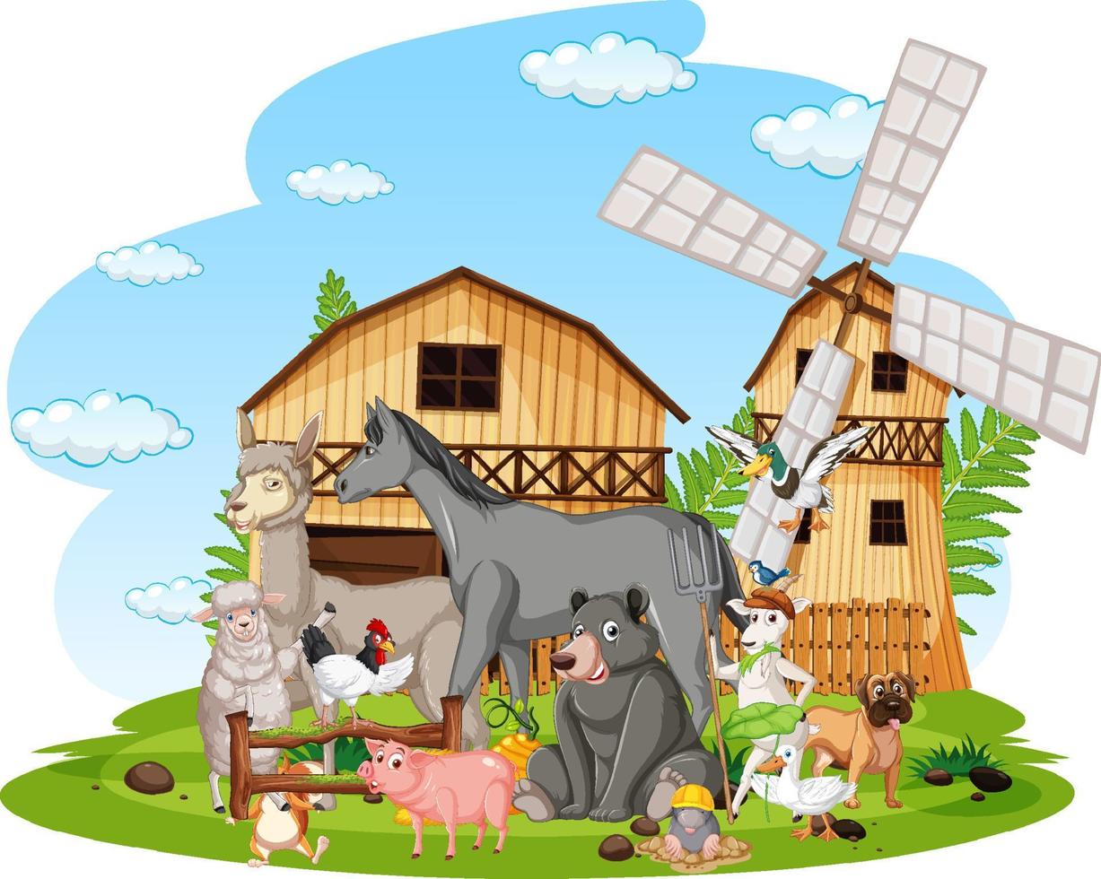 escena con animales de granja junto al granero vector