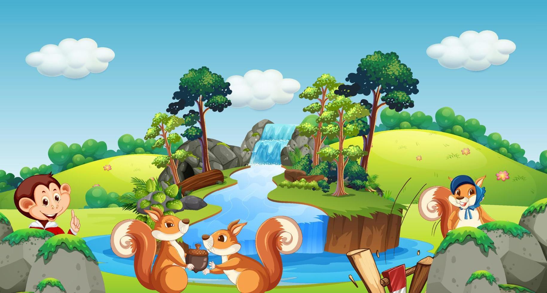 Scene with squirrels and monkey by waterfall vector