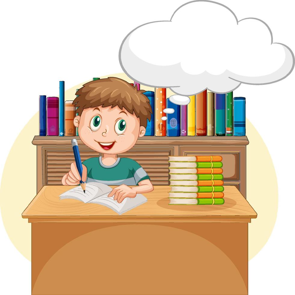 A kid doing homework with speech bubble in the library vector